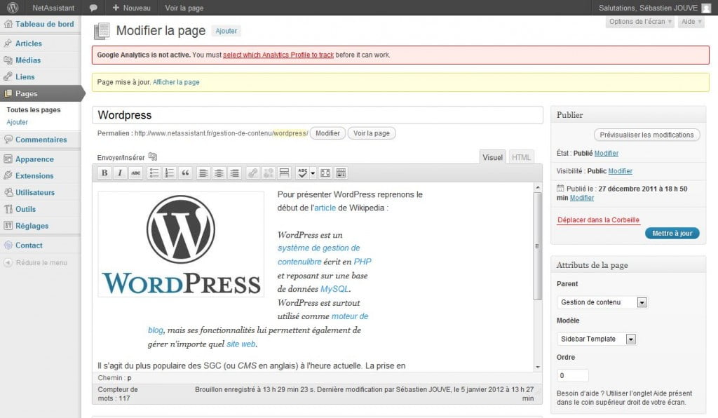 Edition d'une page avec WordPress