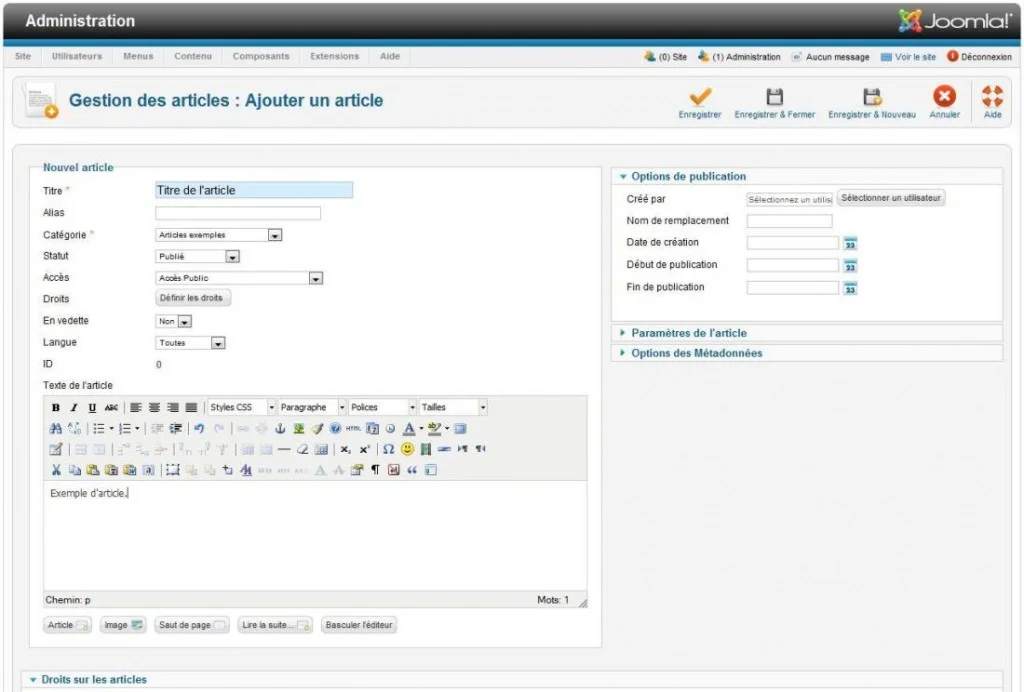 Ecran de création d'un article dans Joomla Ecran de création d'un article dans Joomla