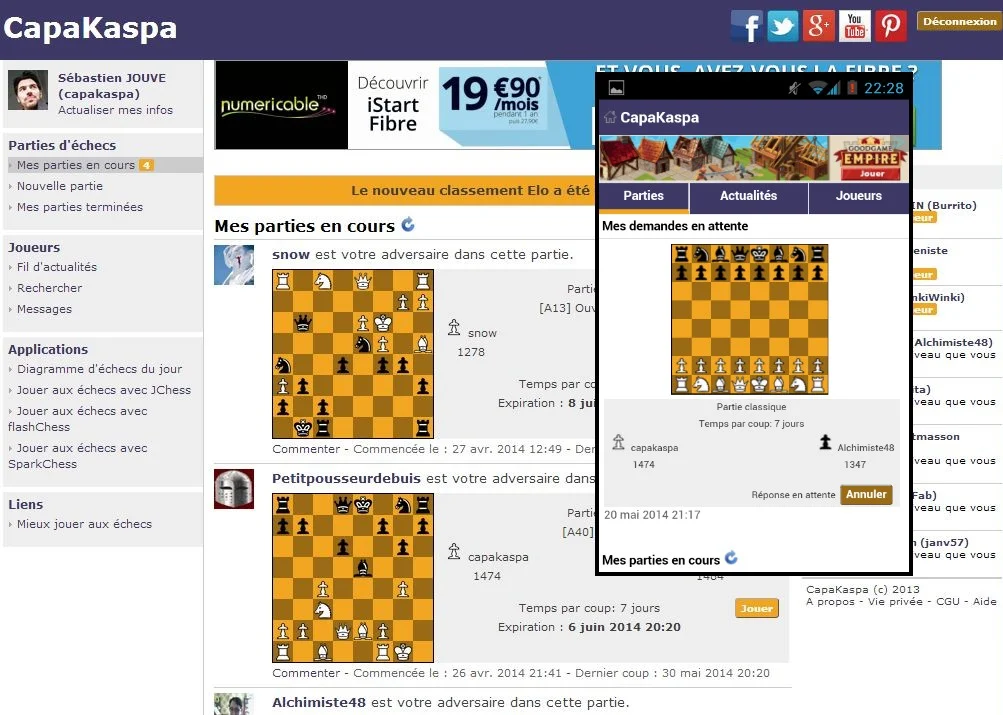 Liste des parties sur CapaKaspa : comparaison version ordinateur et version mobile du site CapaKaspa